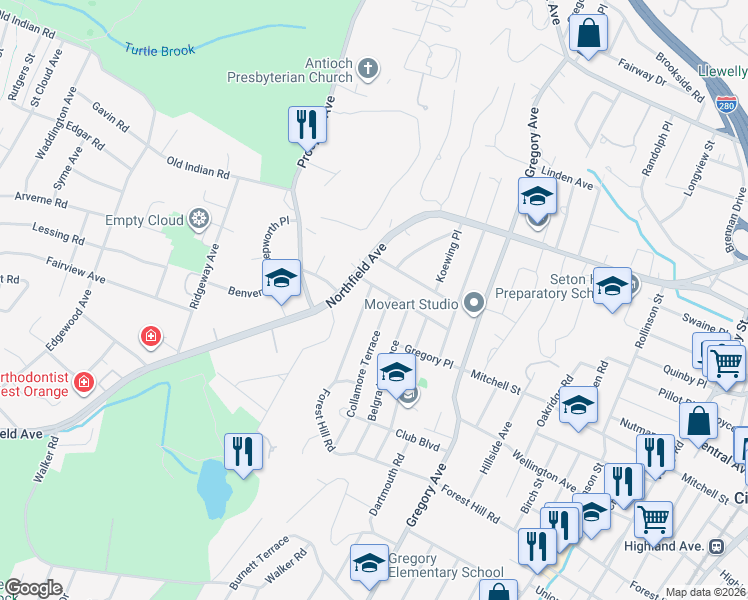 map of restaurants, bars, coffee shops, grocery stores, and more near 9 Undercliff Terrace in West Orange