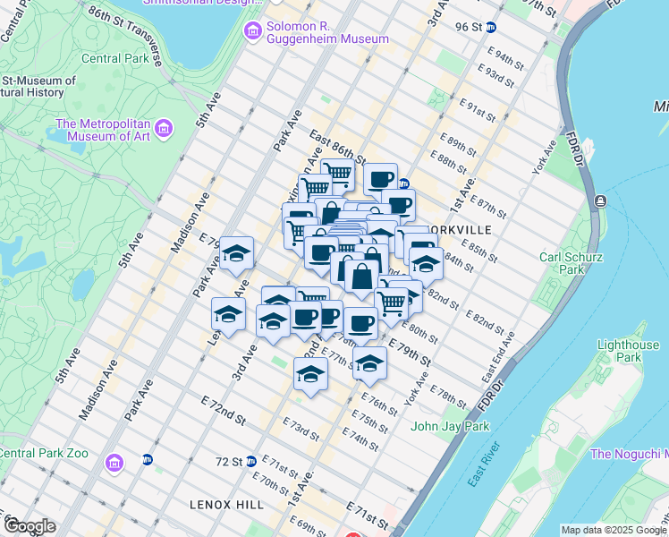 map of restaurants, bars, coffee shops, grocery stores, and more near 230 East 81st Street in New York