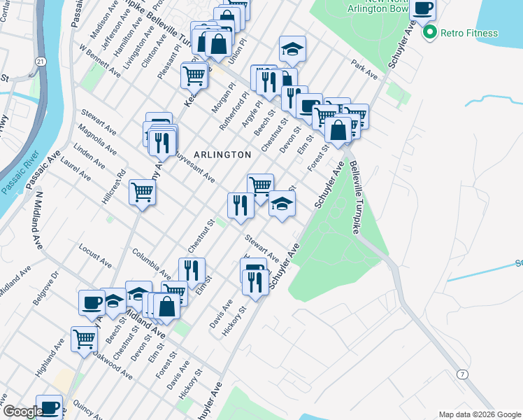 map of restaurants, bars, coffee shops, grocery stores, and more near 646 Elm Street in Kearny