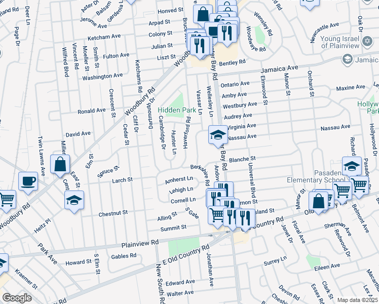 map of restaurants, bars, coffee shops, grocery stores, and more near 48 Haverford Road in Hicksville