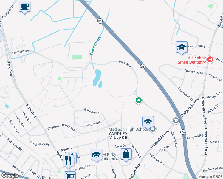 map of restaurants, bars, coffee shops, grocery stores, and more near 160 Park Avenue in Florham Park