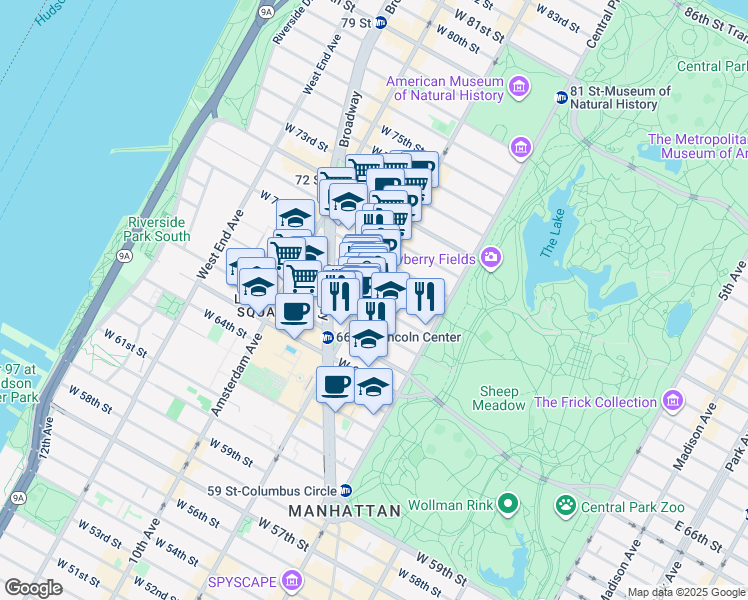 map of restaurants, bars, coffee shops, grocery stores, and more near 73 West 68th Street in New York