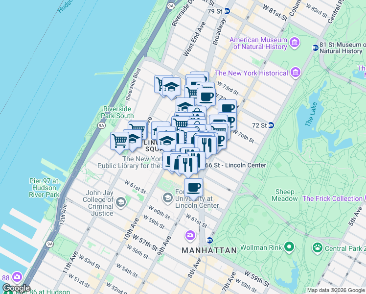map of restaurants, bars, coffee shops, grocery stores, and more near in New York