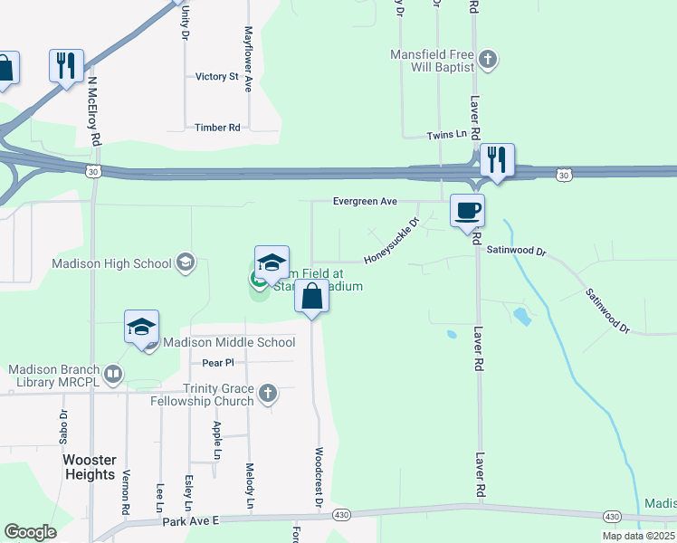 map of restaurants, bars, coffee shops, grocery stores, and more near 1636 Honeysuckle Drive in Mansfield