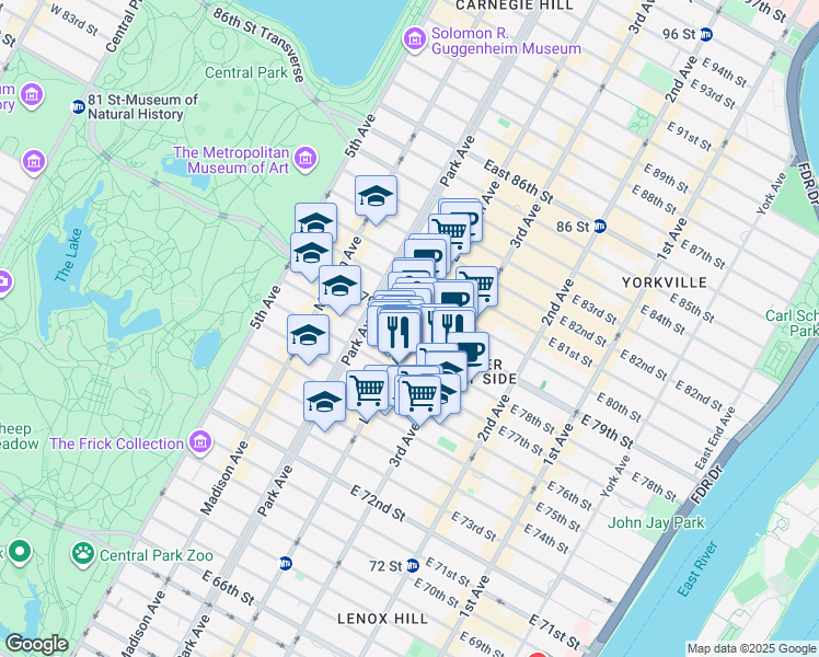 map of restaurants, bars, coffee shops, grocery stores, and more near 1129 Lexington Avenue in New York
