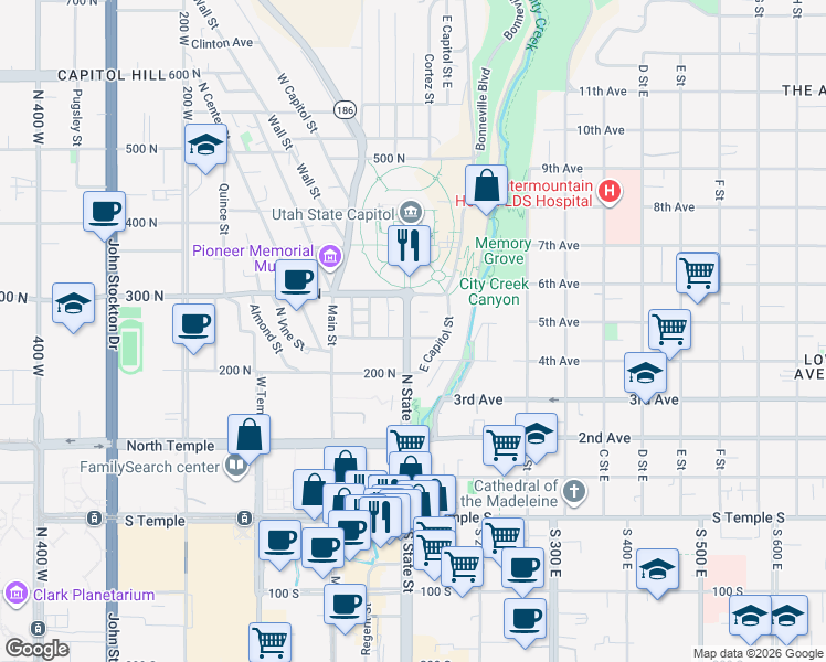 map of restaurants, bars, coffee shops, grocery stores, and more near 250 North State Street in Salt Lake City