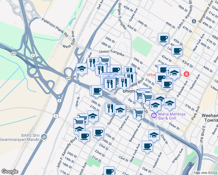 map of restaurants, bars, coffee shops, grocery stores, and more near 3133 John F. Kennedy Boulevard in North Bergen