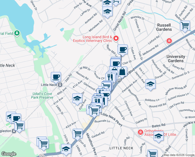 map of restaurants, bars, coffee shops, grocery stores, and more near 31 Nassau Road in Great Neck