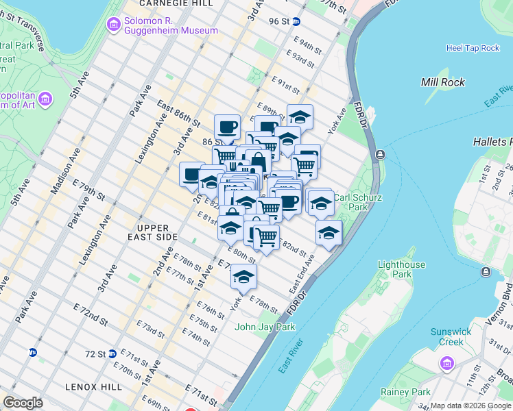 map of restaurants, bars, coffee shops, grocery stores, and more near 408 East 82nd Street in New York