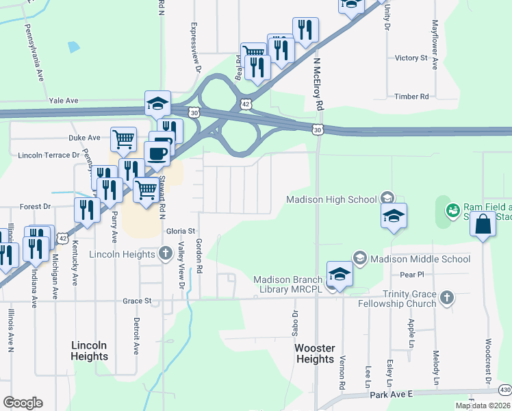 map of restaurants, bars, coffee shops, grocery stores, and more near 1288 Redman Avenue in Mansfield