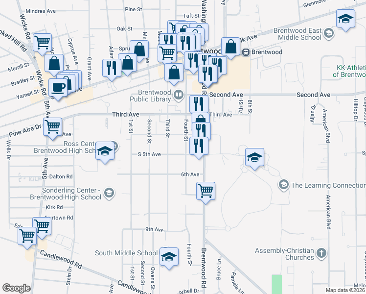 map of restaurants, bars, coffee shops, grocery stores, and more near 29 South 5th Avenue in Brentwood