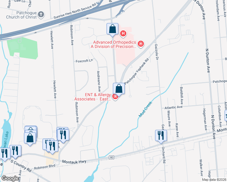 map of restaurants, bars, coffee shops, grocery stores, and more near 243 Sills Road in East Patchogue