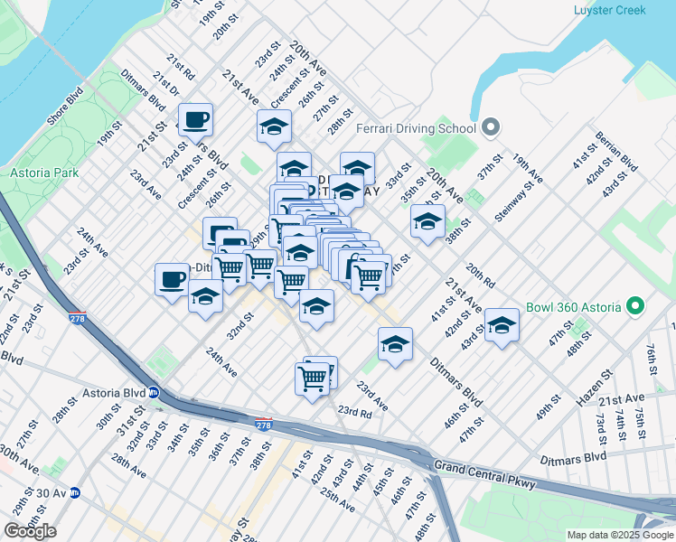 map of restaurants, bars, coffee shops, grocery stores, and more near Ditmars Blvd & 35th St in Queens
