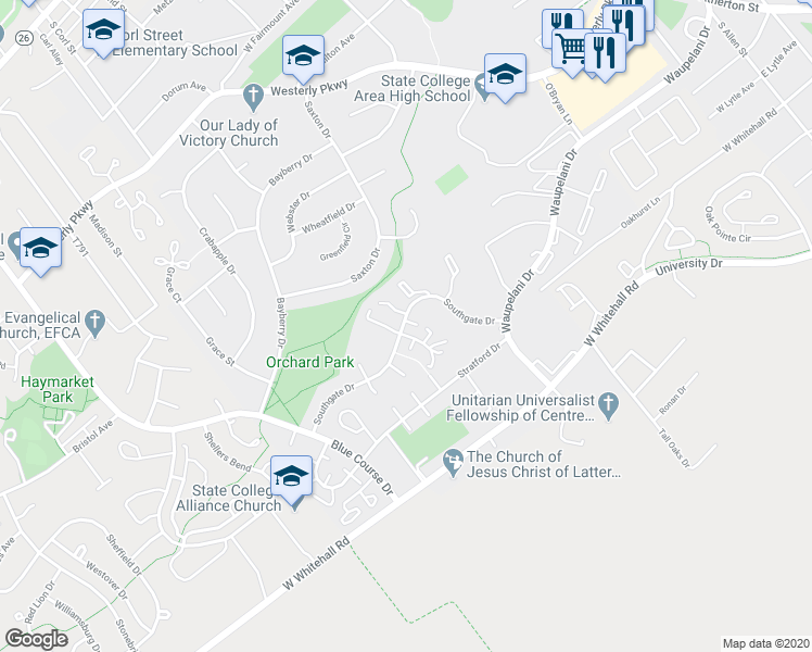 map of restaurants, bars, coffee shops, grocery stores, and more near 1603 Highlandon Court in State College