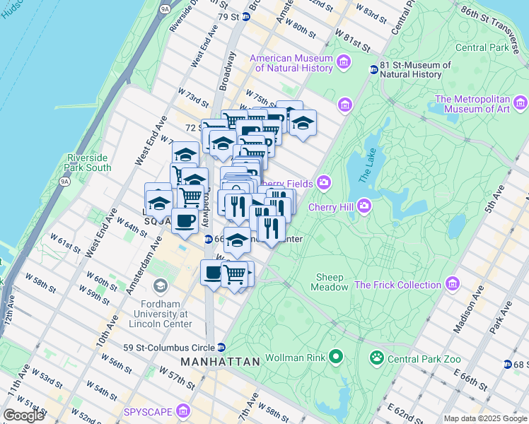map of restaurants, bars, coffee shops, grocery stores, and more near 36 West 69th Street in New York