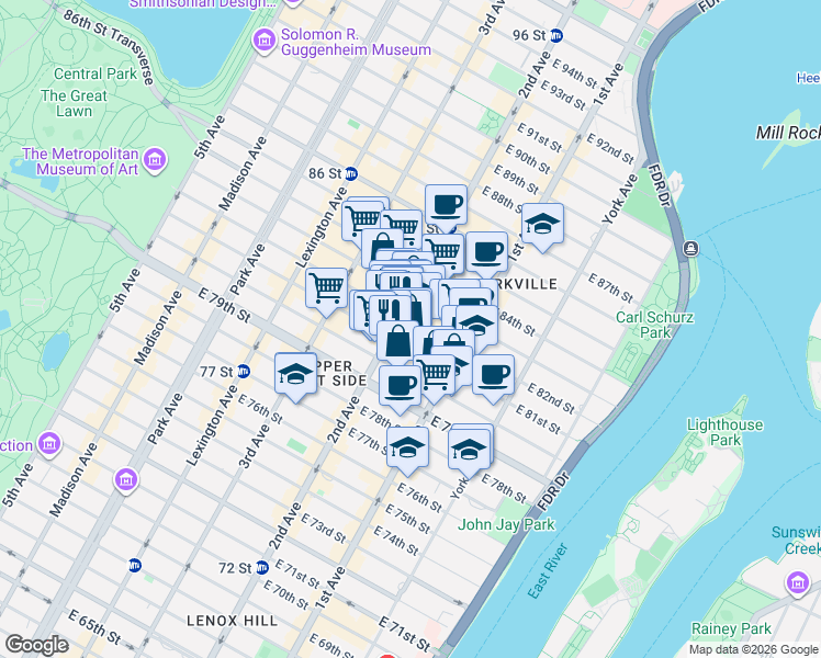 map of restaurants, bars, coffee shops, grocery stores, and more near 313 East 81st Street in New York