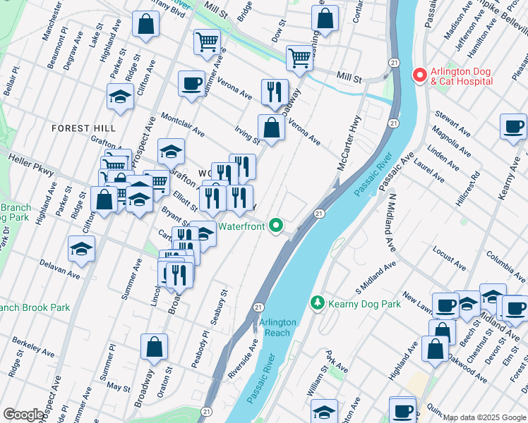 map of restaurants, bars, coffee shops, grocery stores, and more near 25 Grafton Avenue in Newark