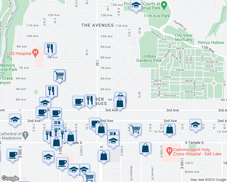 map of restaurants, bars, coffee shops, grocery stores, and more near 674 5th Avenue in Salt Lake City