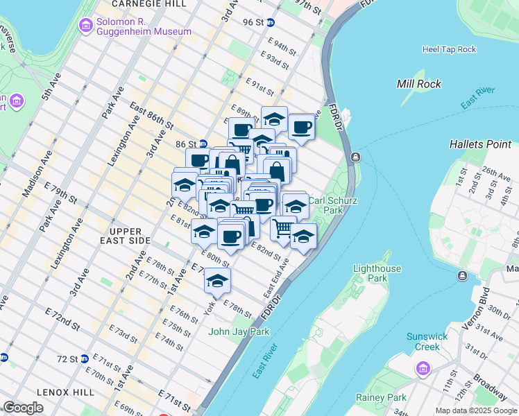 map of restaurants, bars, coffee shops, grocery stores, and more near 1575 York Avenue in New York