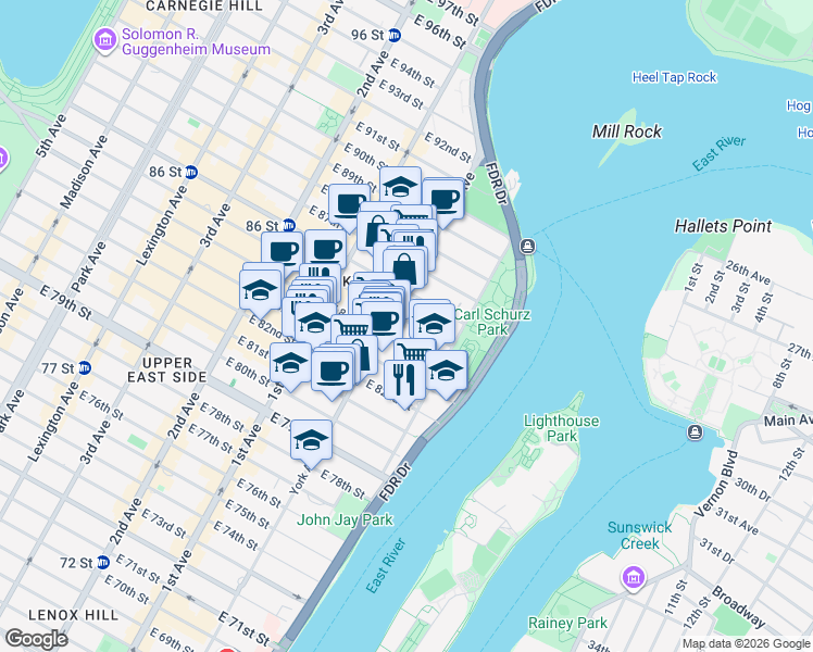map of restaurants, bars, coffee shops, grocery stores, and more near 519 East 84th Street in New York