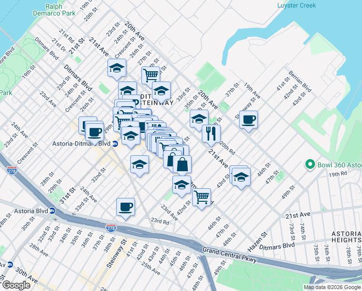 map of restaurants, bars, coffee shops, grocery stores, and more near 21-51 37th Street in Queens