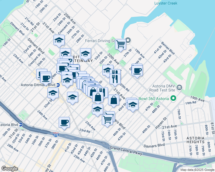 map of restaurants, bars, coffee shops, grocery stores, and more near 21-23 38th Street in Queens