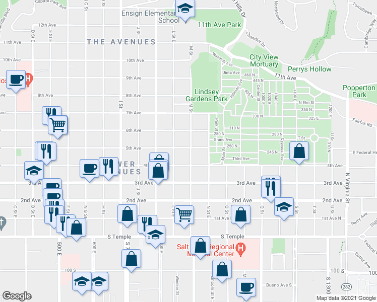 map of restaurants, bars, coffee shops, grocery stores, and more near 218 M Street in Salt Lake City