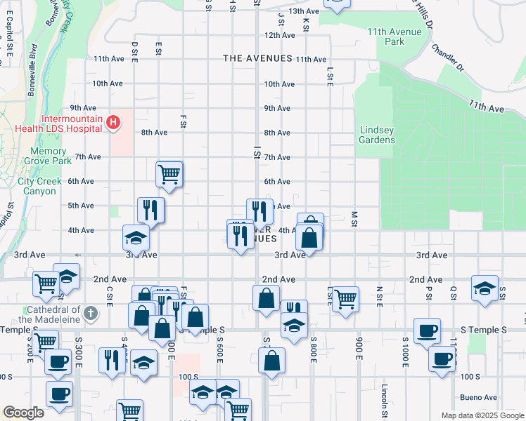 map of restaurants, bars, coffee shops, grocery stores, and more near 186 I Street in Salt Lake City