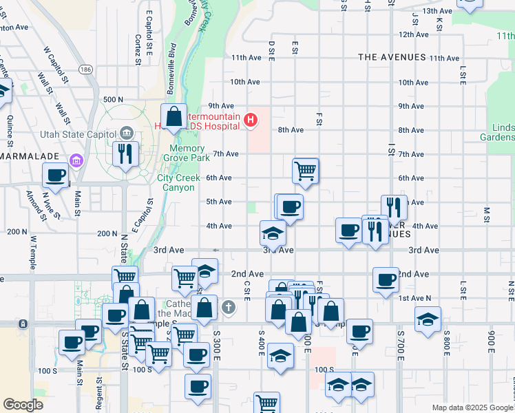 map of restaurants, bars, coffee shops, grocery stores, and more near 218 North Center Street in Salt Lake City