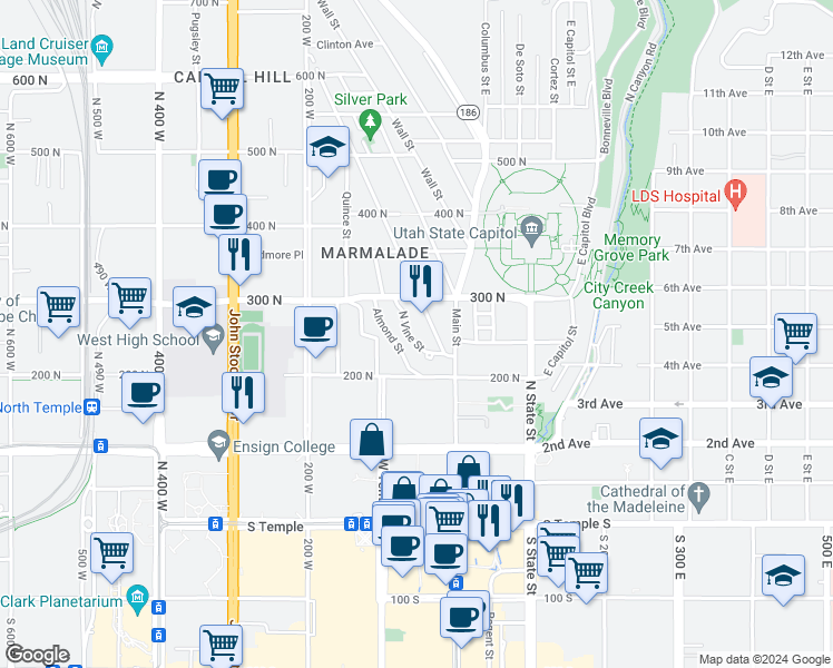 map of restaurants, bars, coffee shops, grocery stores, and more near 240 North Vine Street in Salt Lake City