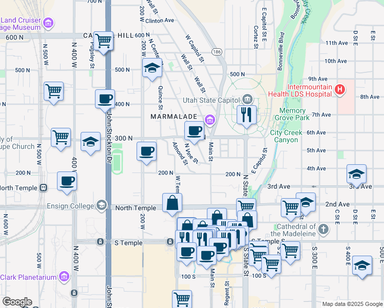 map of restaurants, bars, coffee shops, grocery stores, and more near 240 North Vine Street in Salt Lake City