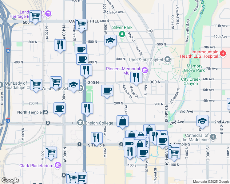 map of restaurants, bars, coffee shops, grocery stores, and more near 142 West 200 North in Salt Lake City