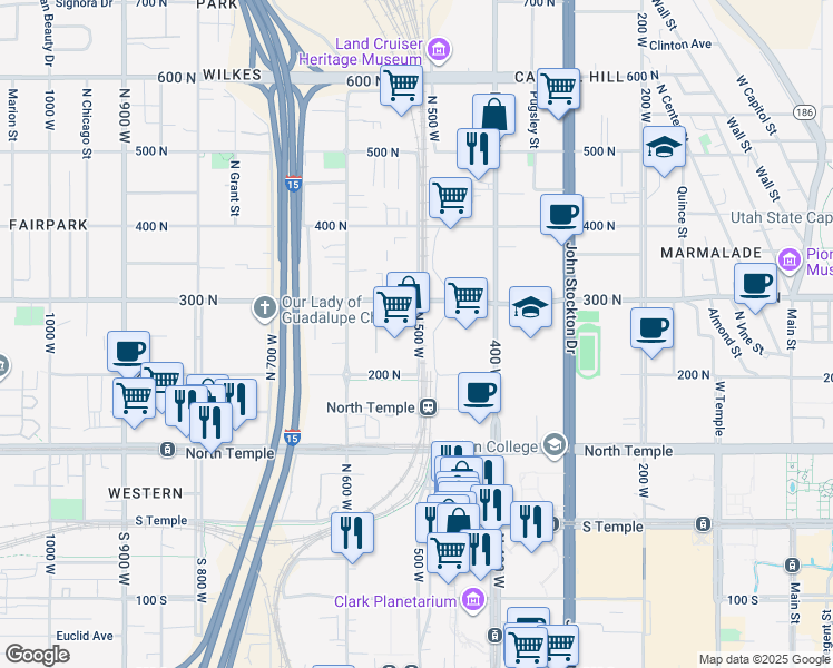 map of restaurants, bars, coffee shops, grocery stores, and more near 235 North 500 West in Salt Lake City