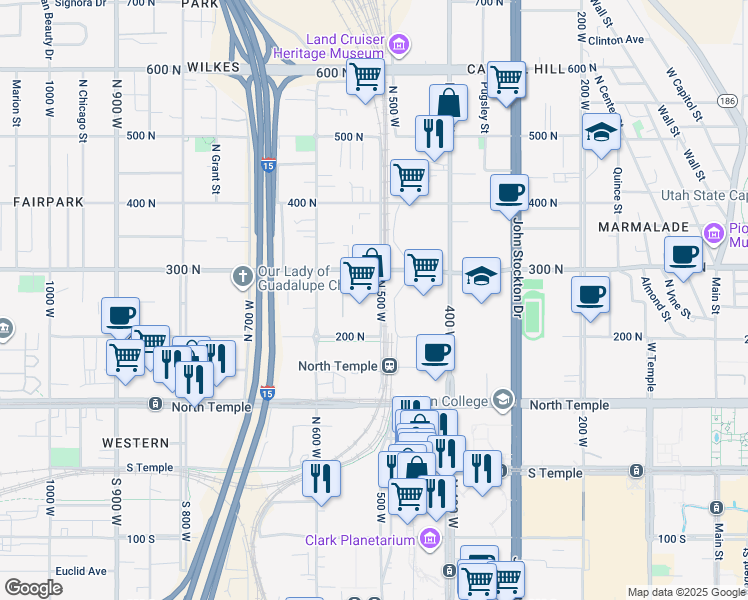 map of restaurants, bars, coffee shops, grocery stores, and more near 235 North 500 West in Salt Lake City