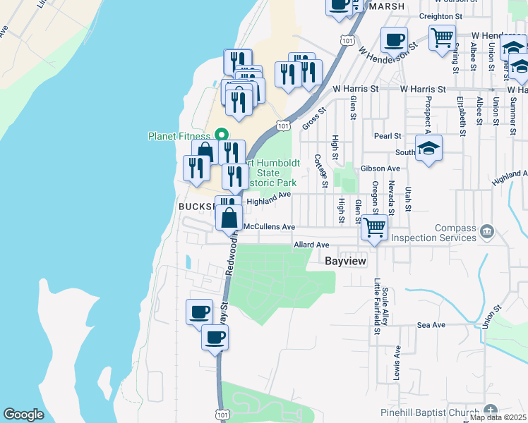 map of restaurants, bars, coffee shops, grocery stores, and more near 1606 McCullen Avenue in Eureka