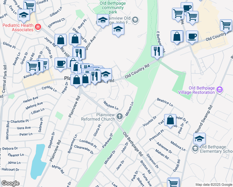 map of restaurants, bars, coffee shops, grocery stores, and more near 28 Fresno Drive in Plainview