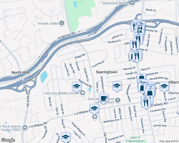 map of restaurants, bars, coffee shops, grocery stores, and more near 68 Parkview Drive in Albertson