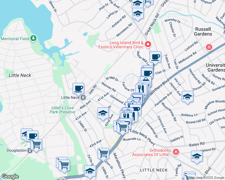 map of restaurants, bars, coffee shops, grocery stores, and more near 42 Nassau Road in Great Neck