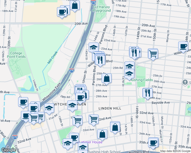 map of restaurants, bars, coffee shops, grocery stores, and more near 144-15 26th Avenue in Queens
