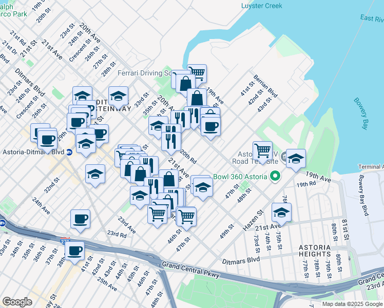 map of restaurants, bars, coffee shops, grocery stores, and more near 41-08 20th Road in Queens