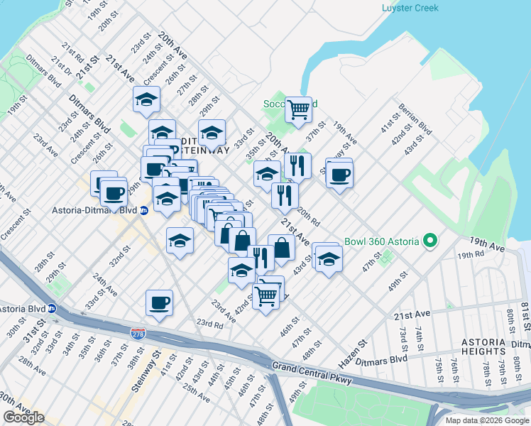 map of restaurants, bars, coffee shops, grocery stores, and more near 21-23 38th Street in Queens