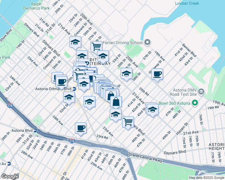 map of restaurants, bars, coffee shops, grocery stores, and more near 21-51 37th Street in Queens