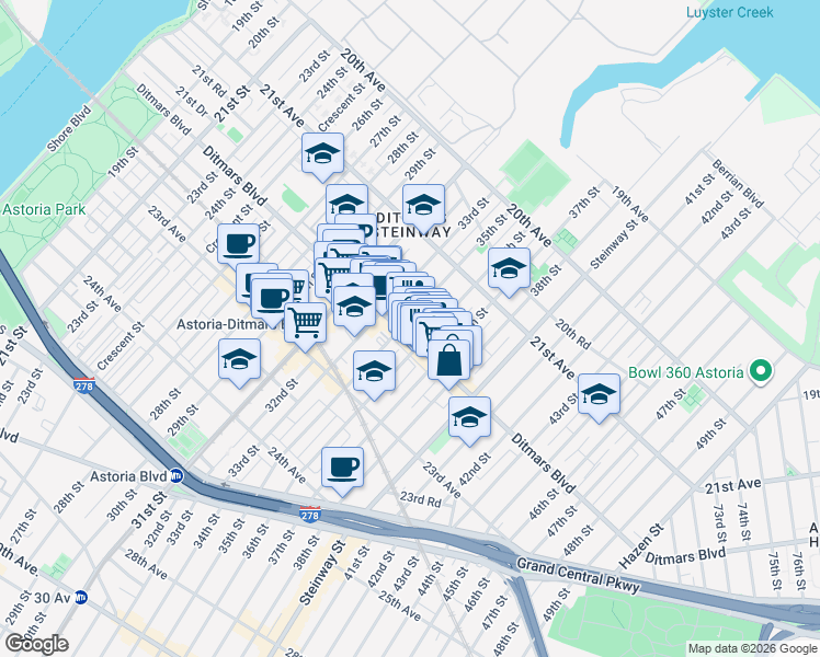 map of restaurants, bars, coffee shops, grocery stores, and more near in Queens