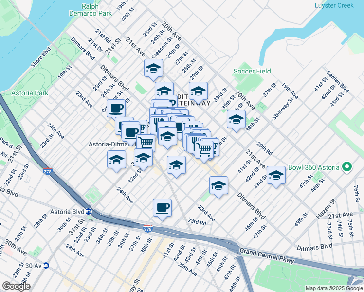 map of restaurants, bars, coffee shops, grocery stores, and more near in Queens
