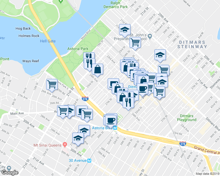 map of restaurants, bars, coffee shops, grocery stores, and more near 23-90 26th Street in Queens