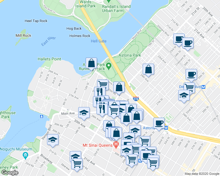 map of restaurants, bars, coffee shops, grocery stores, and more near 18-16 25th Road in Queens