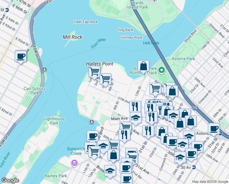 map of restaurants, bars, coffee shops, grocery stores, and more near 4-35 27th Avenue in Queens
