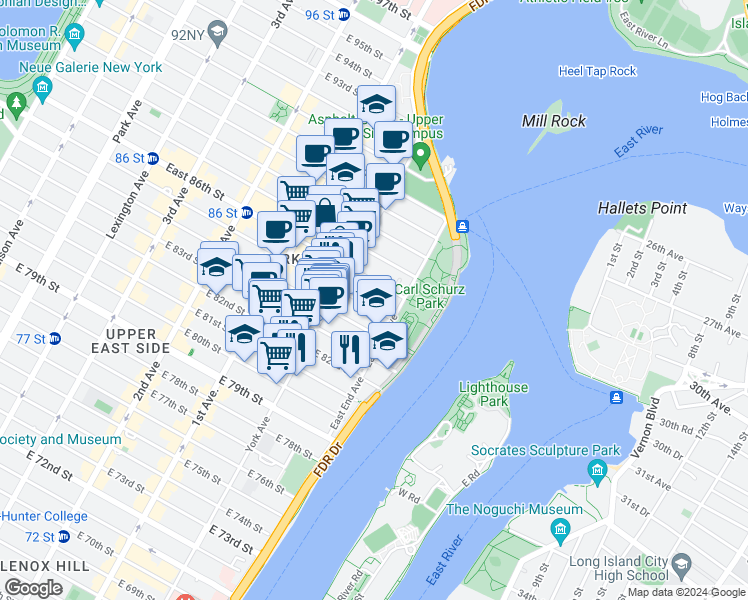 map of restaurants, bars, coffee shops, grocery stores, and more near 120 East End Avenue in New York