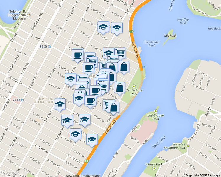 map of restaurants, bars, coffee shops, grocery stores, and more near 519 East 84th Street in New York