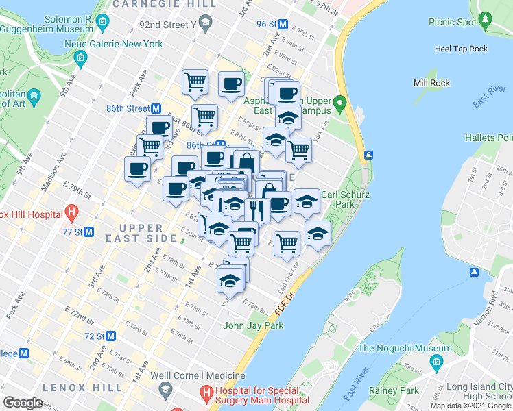 map of restaurants, bars, coffee shops, grocery stores, and more near 408 East 82nd Street in New York